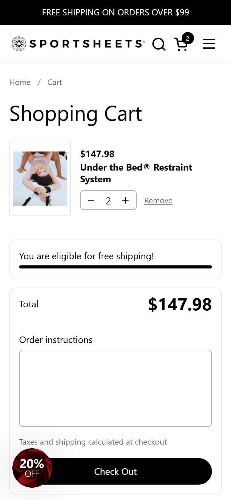 Sportsheets — Cart Page (no coupon field)